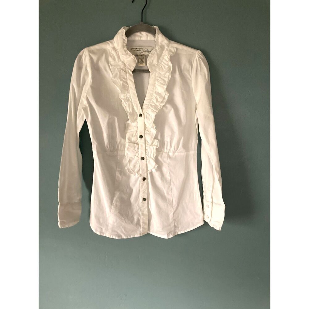 Taska Polizzi for TP Saddleblanket Co white ruffled fitted button shirt size 8